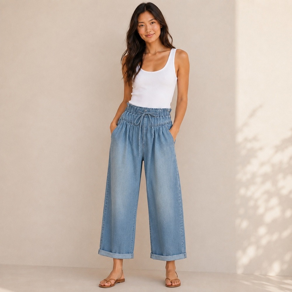 Boho Chic Y2K High Waisted Wide Leg Paperbag Denim Jeans Light‎ Wash Button Fly